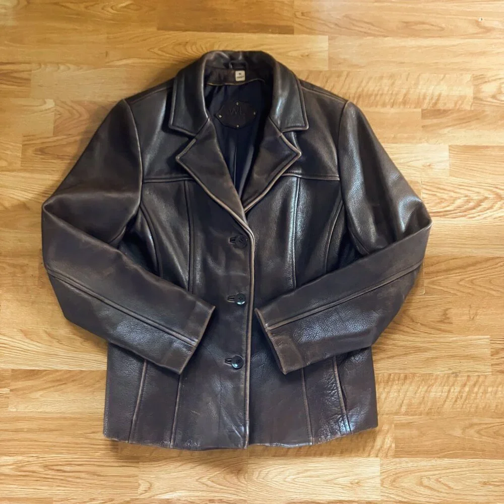 Wilsons Leather Brown Tailored Seam Distressed Pebbled Leather Blazer Jacket - Picture 7 of 10
